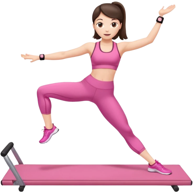 white brunette girl doing pilates in pink workout gear, full body, energetic emoji