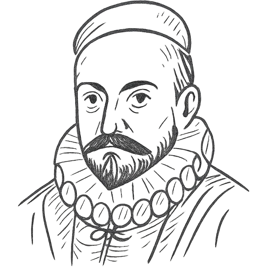 a hand drawn black outline portrait of philosopher Montaigne with similar-sized eyes based a famous portrait of him emoji