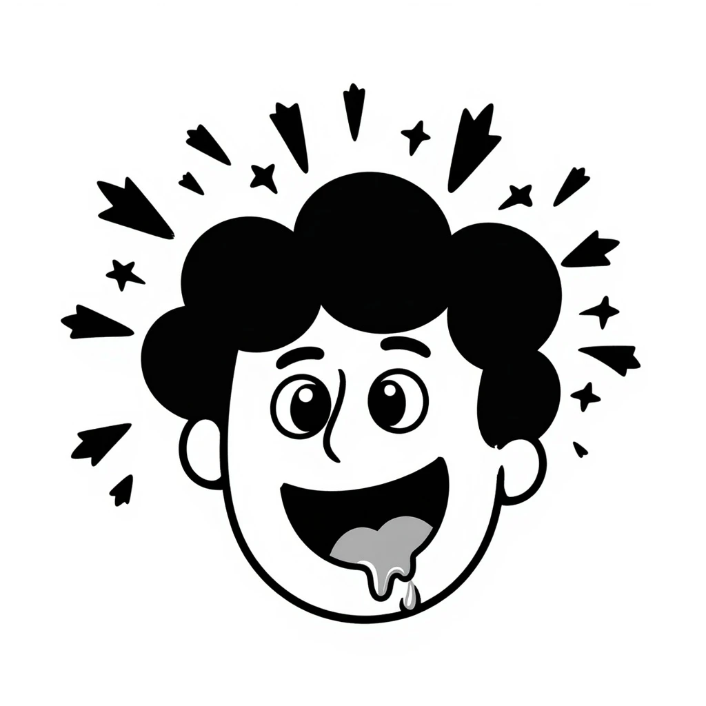 hand-drawn doodle of a face with an exploding head, drooling, and melting emoji