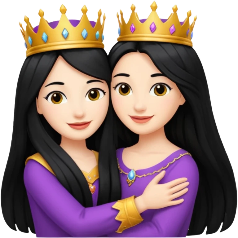 Two queens with long black hair hugging. emoji