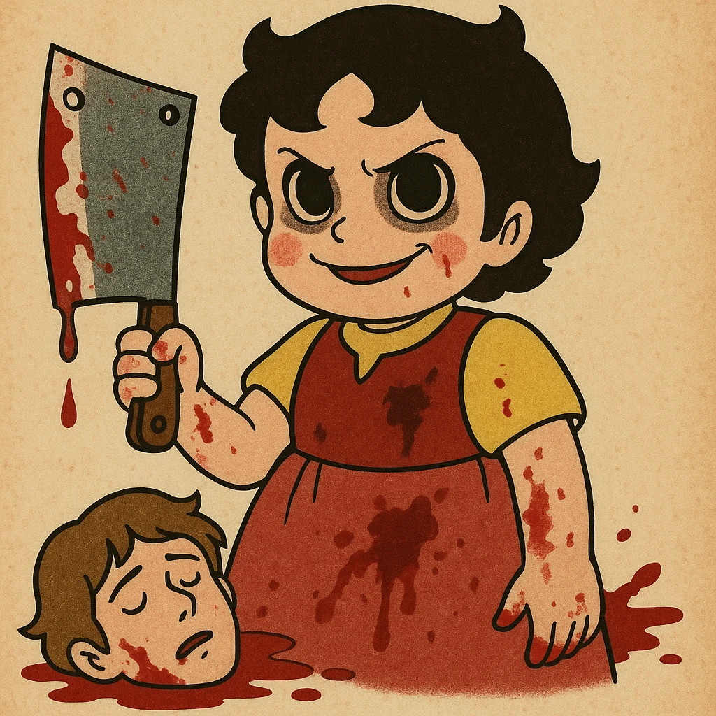 Heidi from the 1978 Japanese children’s series, reimagined as a serial killer, unsettling but cartoonish, with dark humor, in a style reminiscent of vintage anime emoji