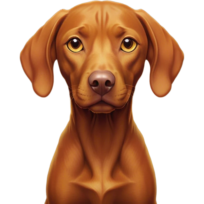 Cinematic Noble Vizsla Portrait Emoji, Poised and regal, with a sleek, athletic build and a short, smooth Fur of rust and gold, deep-set soulful amber eyes, Simplified yet sharp and sophisticated features, highly detailed, glowing with a soft, dignified glow, high shine, intelligent and agile, stylized with an air of determination, focused and attentive, soft glowing outline, capturing the essence of a watchful and confident companion, so majestic it feels as though it could sprint out of the screen with effortless authority! emoji