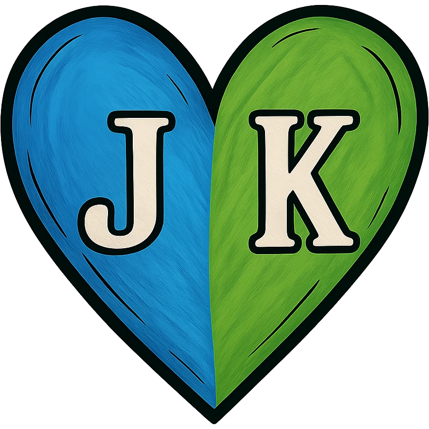 In the blue and green heart, place the letter J on the blue part and the letter K on the green part, maintaining an illustrative style with a transparent background. emoji