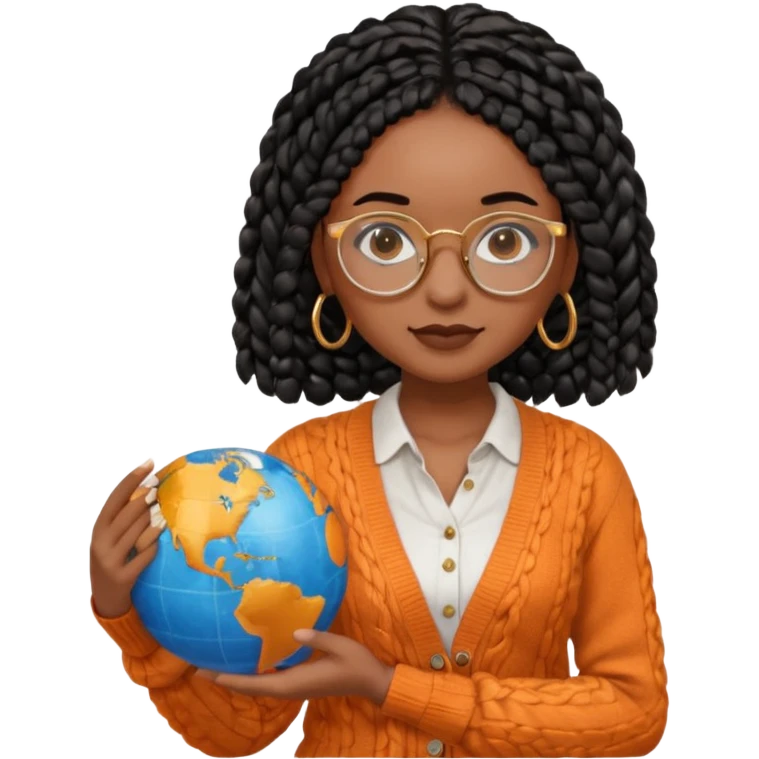 a young woman wearing fine gold round glasses and black hair in several box braids, she has light black skin, and she's wearing a white shirt with an orange-terracotta cardigan on top. She's holding a globe in one hand emoji