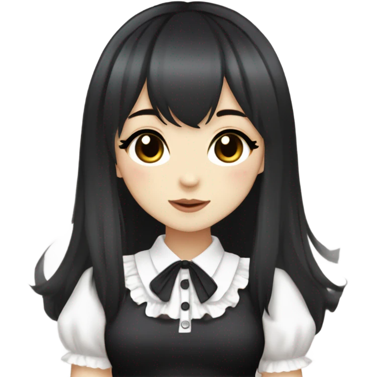 hime gyaru girl, pale skin with brown eyes and black hair with bangs, dark makeup, black shirt emoji