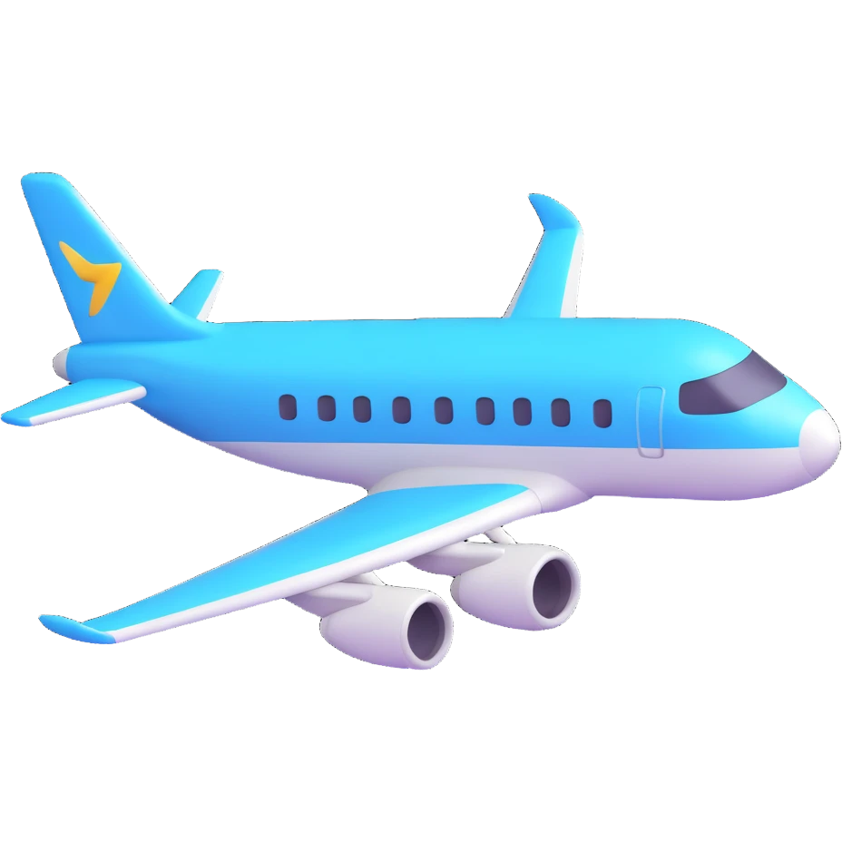 Make an airplane emoji that looks exactly like the reference image, ignoring the crocodile. Style it in iOS emoji style with 3D, shiny, smooth gradients, soft shadows, realistic airplane shape, classic emoji look, and add a glossy effect to the airplane body. emoji