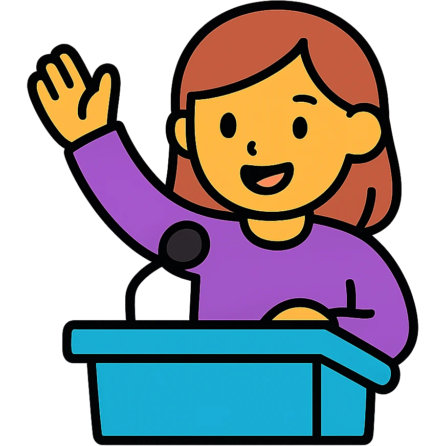Girl standing with raised hand gesturing while giving a speech emoji