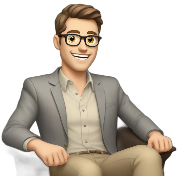 Joyful Celebrating victory Hands up Pale skinned Fit Man With dark brown hair in gray jacket, beige office shirt, Brown pants and vintage glasses sitting In a soft chair emoji