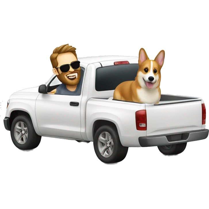 Two sunglass guys one with a beard in a white truck with a corgi emoji