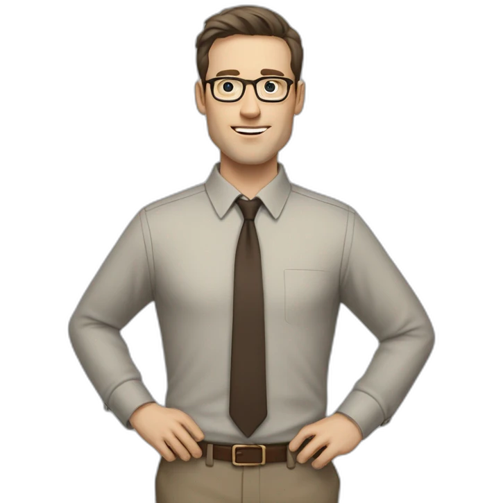Full height Actively Gesturing Pale skinned fit man with dark brown hair in gray jacket, beige office shirt, brown tie, brown pants and vintage glasses. emoji