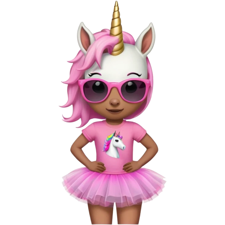 friendly anthropomorphised female unicorn with horse-like face, in tutu and pink t-shirt, wearing dark sunglasses, standard pose, close-crop head and shoulders emoji