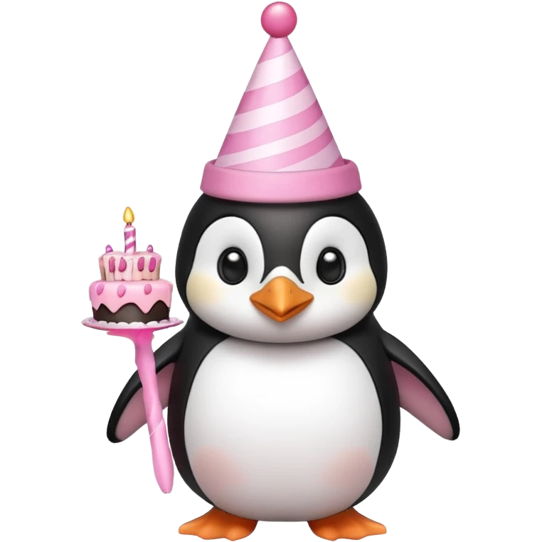 cute penguin with birthday hat hold a birthday pink cake in arms emoji