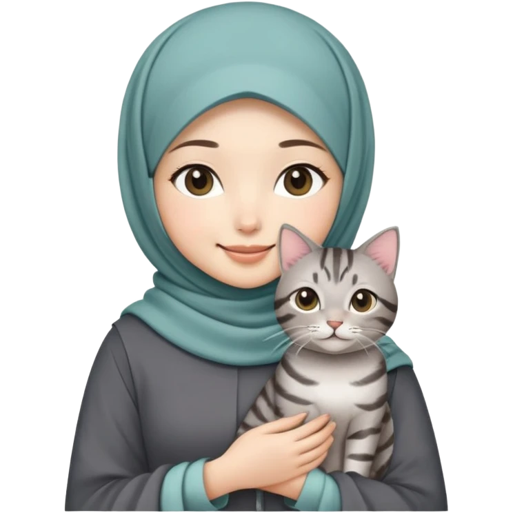 Asian White girl wearing cute hijab holding a black grey tabby cat while standing smiling.  emoji