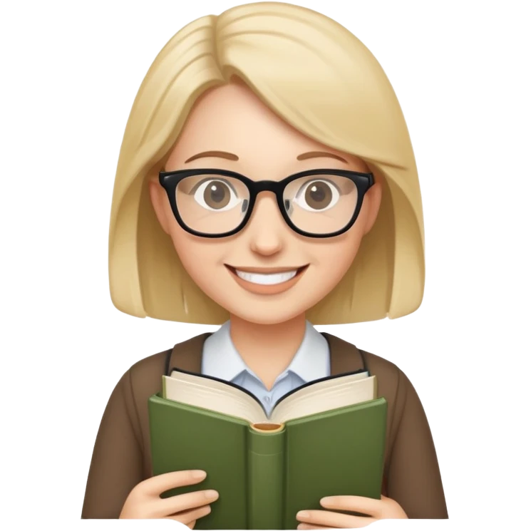 English teacher holding a book, smiling, wearing glasses emoji