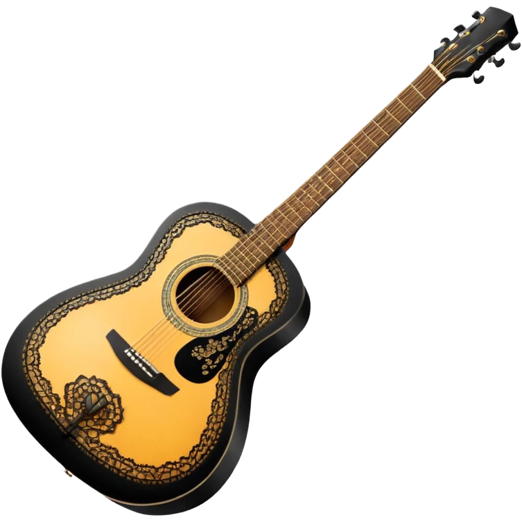 acoustic sunrise color guitar with black lacy-details and engraved small black music notes emoji