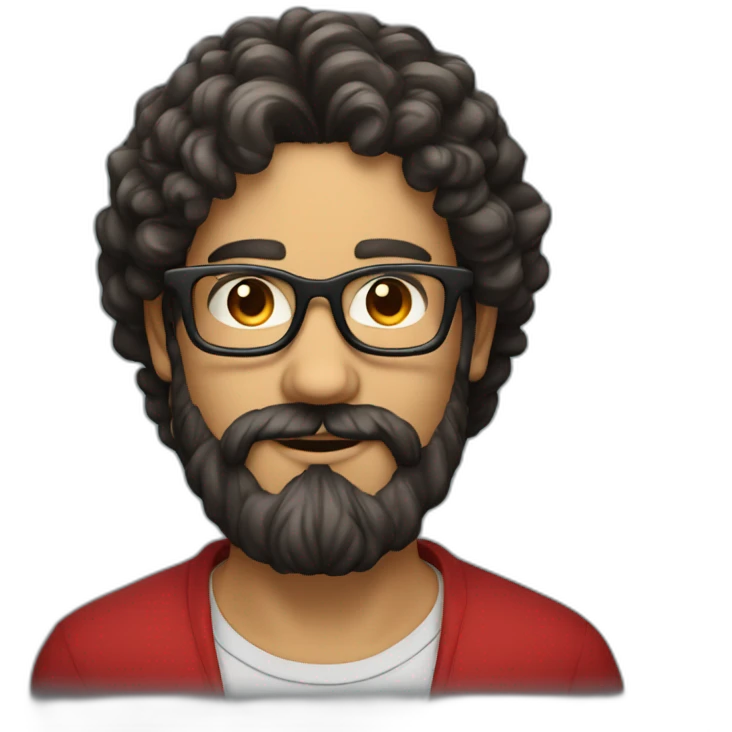 man with beard and very very long curly dark hair, wearing red square glasses emoji
