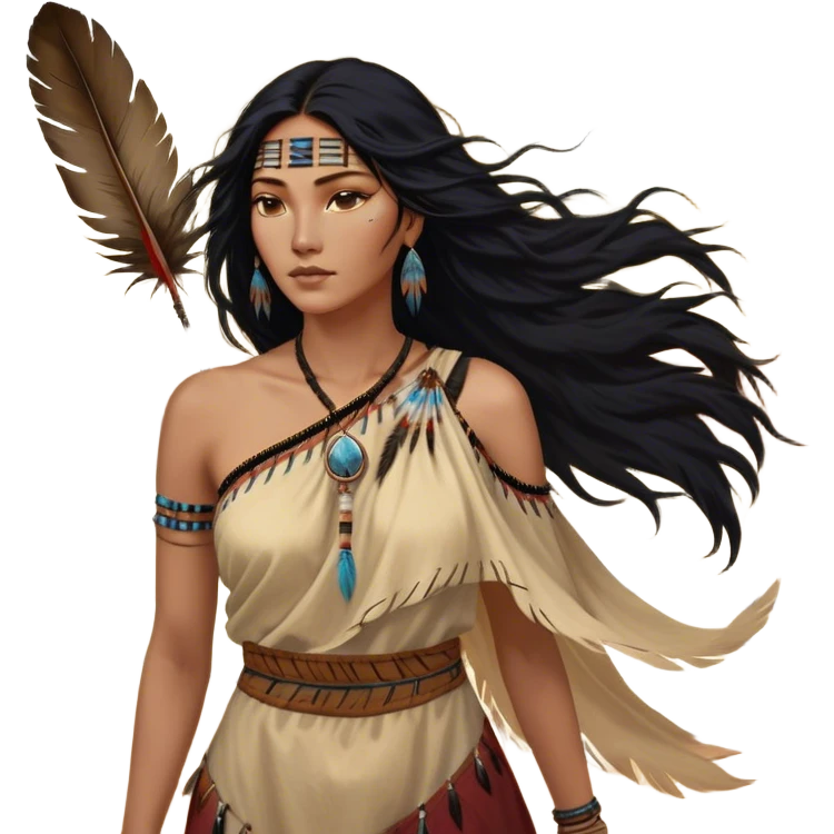 Cinematic Realistic Pocahontas Portrait, depicted with lifelike skin texture, soft natural lighting, and intricately detailed long, flowing raven-black hair that moves gracefully in the wind. Her deep, soulful dark brown eyes exude wisdom and strength, complemented by a serene yet powerful expression. She is shown gently holding a feather in one hand, her other hand resting lightly at her side, embodying the harmonious balance between nature and herself. She is dressed in her classic one-shoulder native American dress, with rich fabric textures and delicate beaded details that catch the light beautifully. The portrait features a soft, sun-kissed glow with a natural, radiant finish, capturing the essence of untamed beauty and deep connection to nature in a realistic and painterly style, evoking a sense of depth and authenticity. emoji