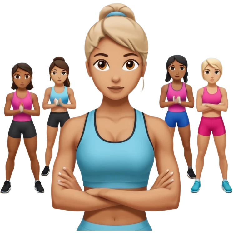 the personal trainer woman teaching students at the gym. the students are making some points emoji