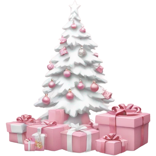 Light pink Christmas gifts under a white Christmas tree  emoji