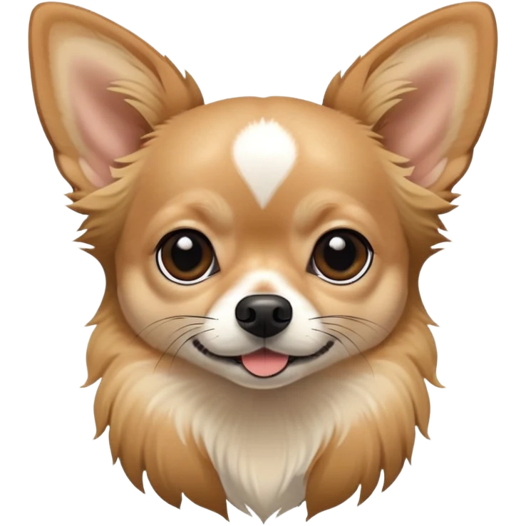 Tan long hair chihuahua with black tips on their ears and black around the mouth white line on face emoji