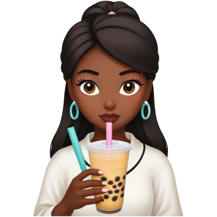Woman with dark skin and long lashes holding a boba tea emoji