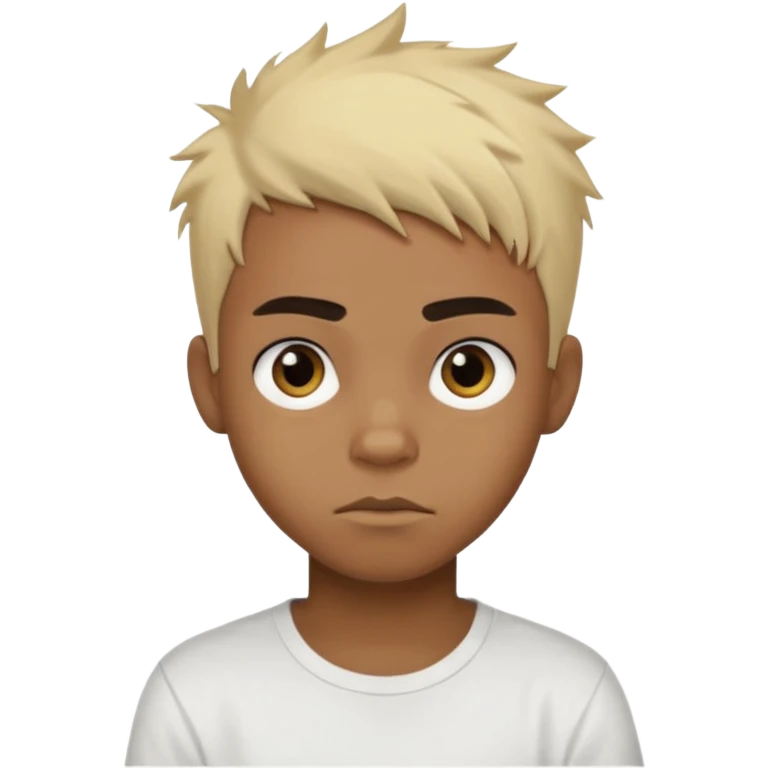 Black Male Teenager with Short punk messy blonde hair, Dark brown bushy eyebrows large expressive golden-brown eyes, wearing a plain white t-shirt, Dark Brown skin color. emoji