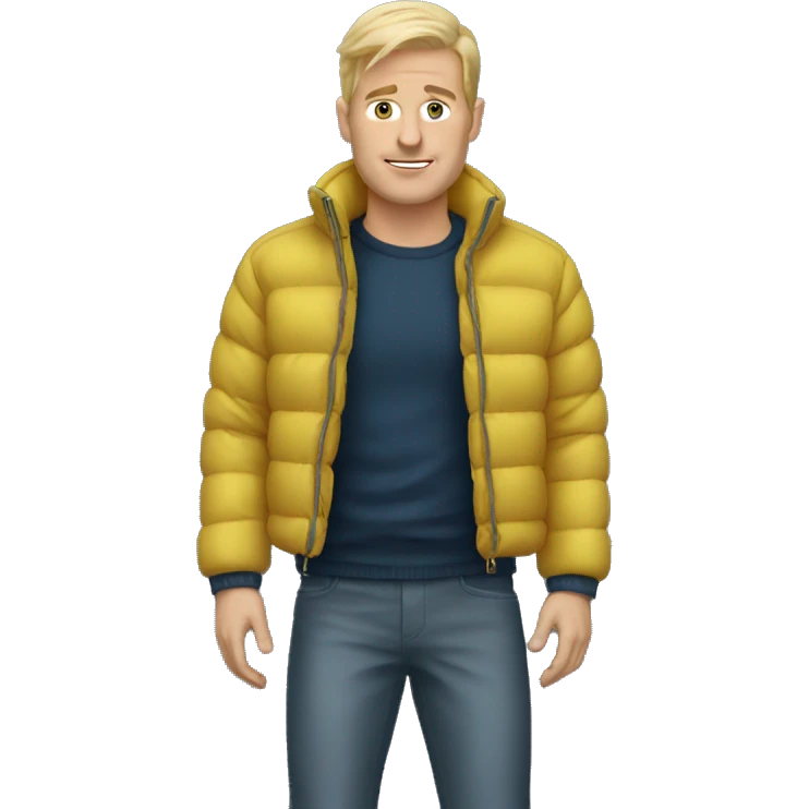 Blonde white man man wearing a puffer jacket and puffer pants emoji