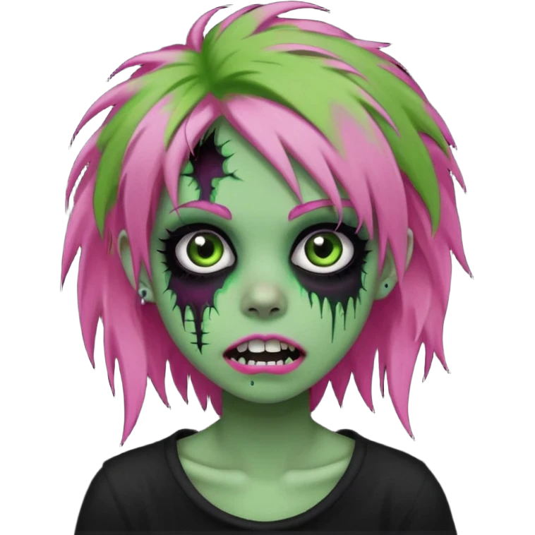 girl, green zombie, pink coily hair, medium long, emo, shaggy, dark, spooky, piercing on eyebrow, colourful teeth, creepy blank expression emoji