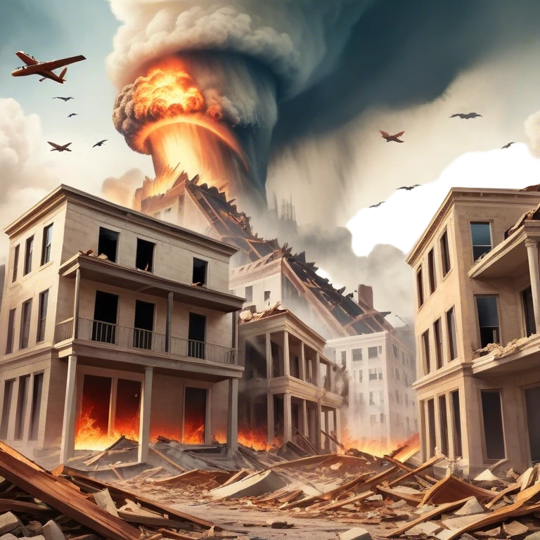 A vintage movie poster-style design with a dramatic scene of a natural disaster like an earthquake, tornado. Include crumbling buildings, flying debris and fiery explosions. The background should be chaotic, with a cinematic, apocalyptic vibe. Transparent background. emoji
