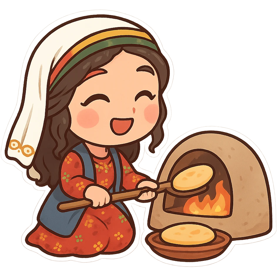 cartoon sticker of a Kurdish woman in traditional female clothing, happily baking bread in a rural clay oven, traditional and joyful scene, no text, suitable for WhatsApp and Instagram, transparent background emoji