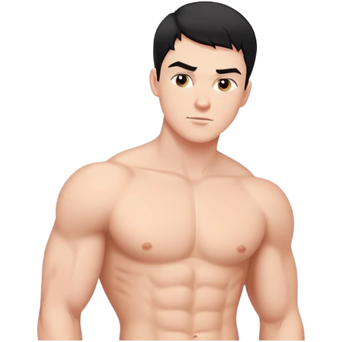 young white man with short black hair, shirtless, muscular emoji