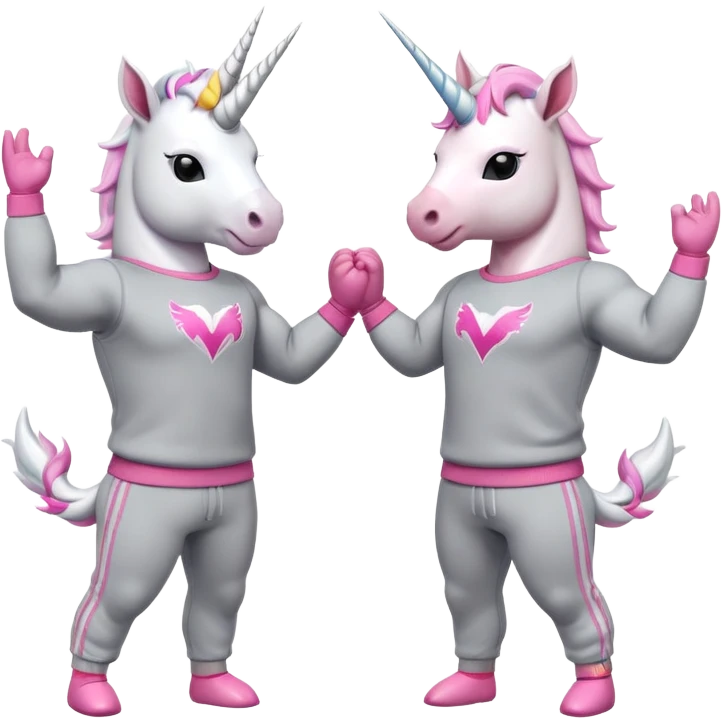 two friendly anthropomorphised male white unicorns with fit, chunky, muscular and strong physiques, arms and legs matching the white of the head, both wearing grey tracksuit pants and pink jumpers, sunglasses, high-fiving each other emoji