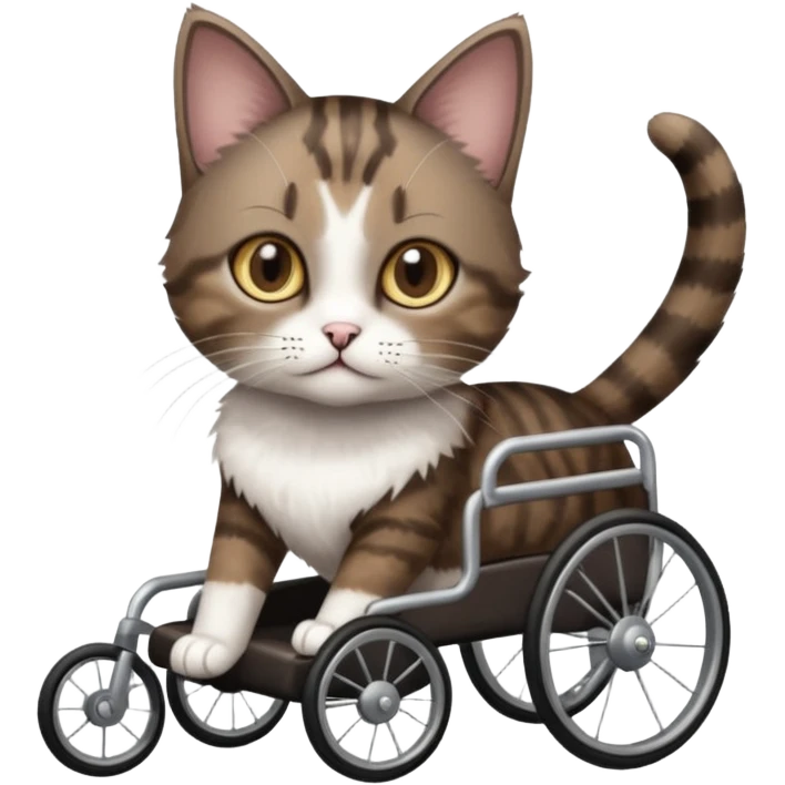 full body small short hair dark brown and white cat with hazel eyes walking in a wheelchair for cats emoji