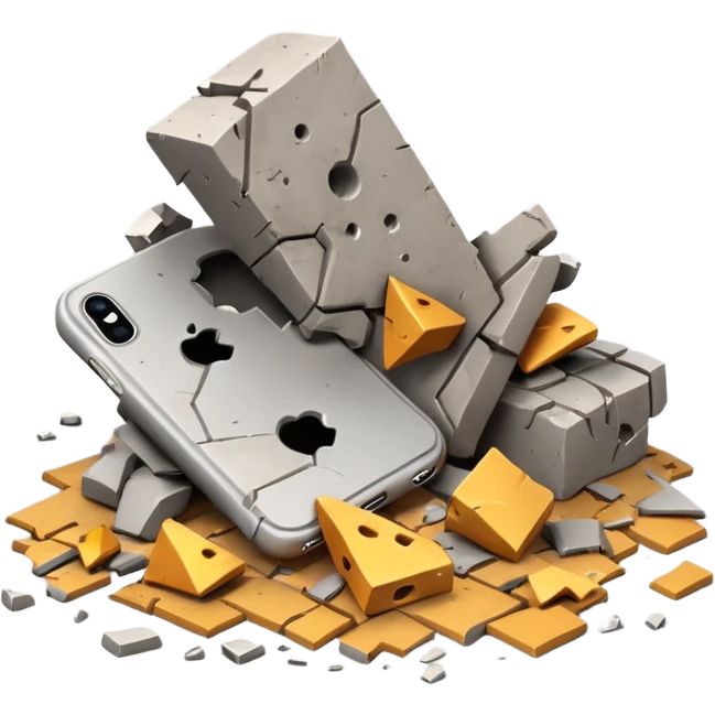3D iPhone style emoji of debris and ruins, broken pieces of concrete and metal scattered, chaotic structure, isolated on white background, soft shadows, high detail, playful and cute. emoji