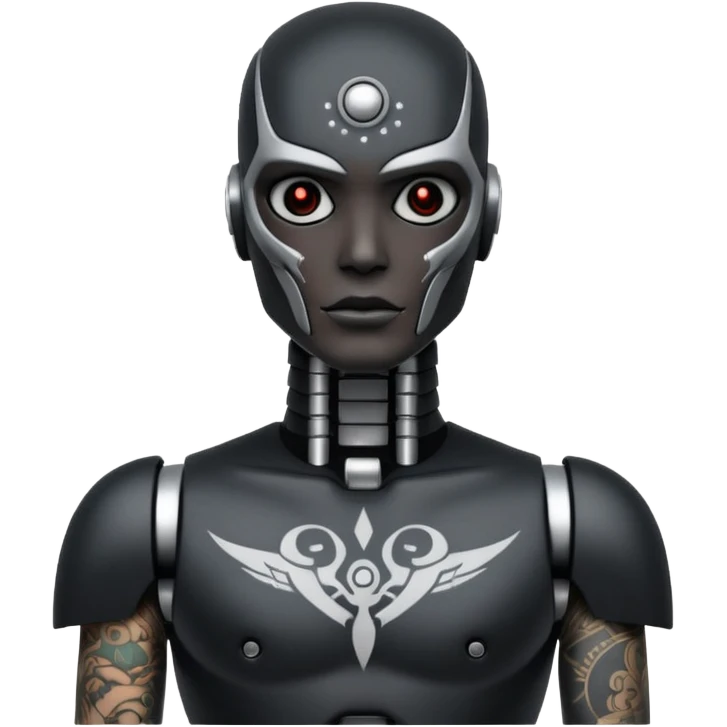 black metal Tatooed robot with rada, big many tatooes on chest, neck and face, white tatoo on face emoji