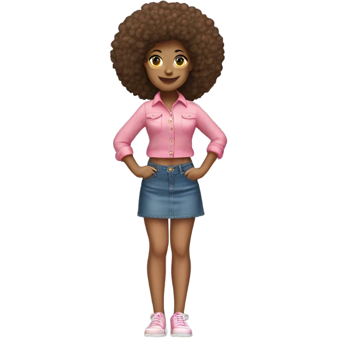 Tan girl with Afro and pink button top and jean skirt full body posing emoji