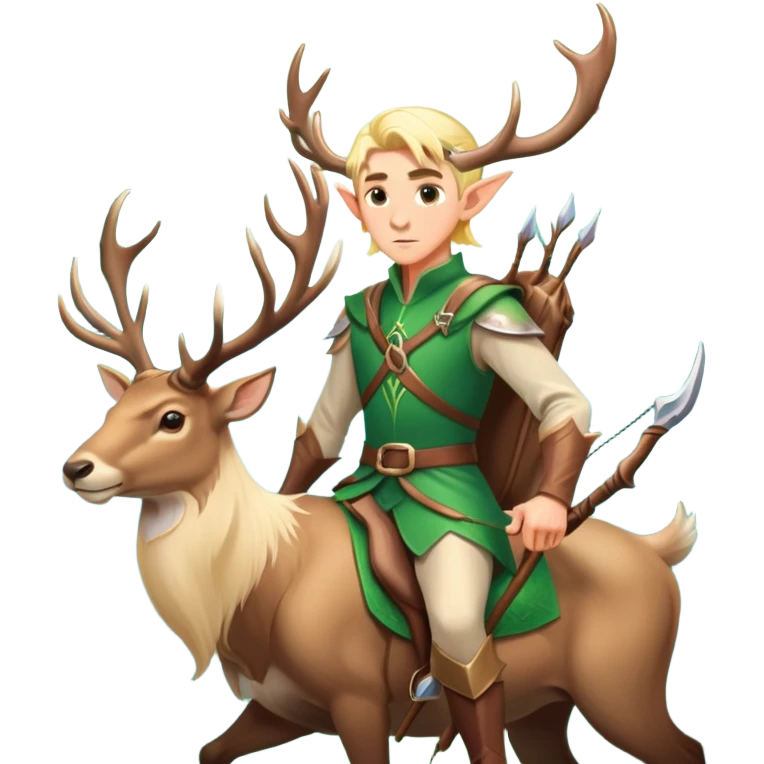 clash-of-clans-aesthetic-blond-male elf-archer-portrait-emoji, rendered in a flat, vector-style with minimal shading and bold, simplified shapes, head tilted slightly forward with a determined, focused expression, riding a majestic stag whose luminous antlers glow with mystical energy, set against an ancient, enchanted forest backdrop. emoji