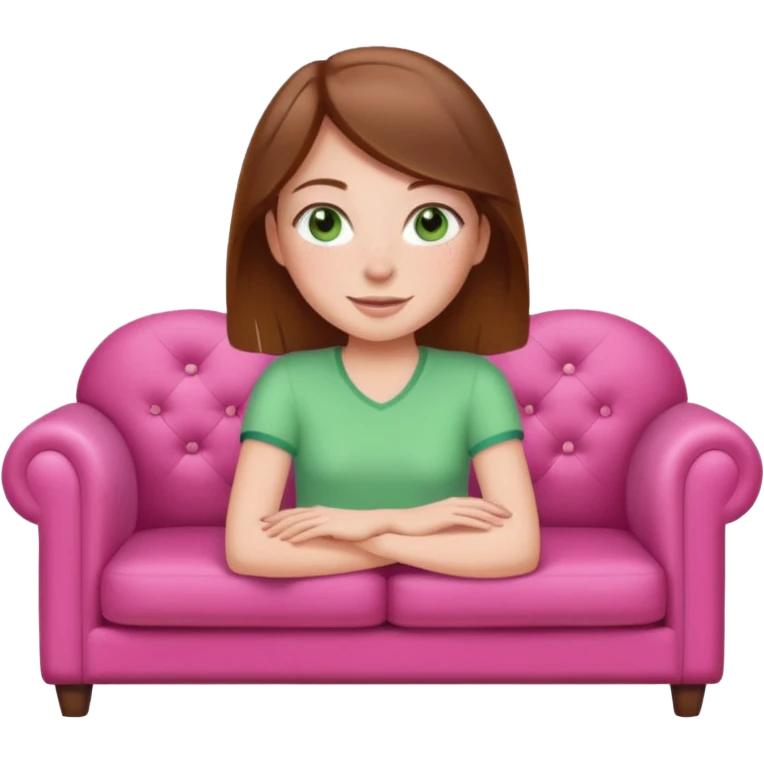 ￼ Happy ￼White girl, brown hair with green eyes and freckles sitting on the couch and the couch is pink ￼￼ emoji