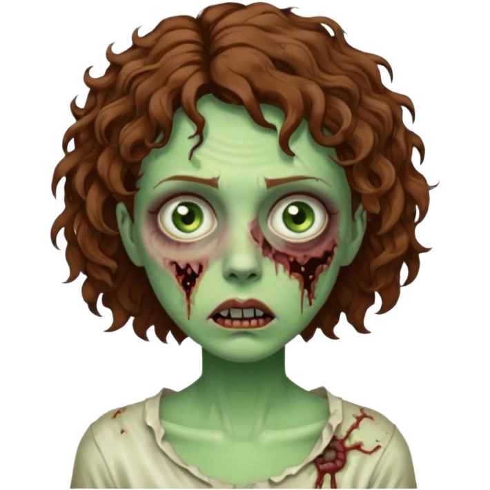 uma zumbi (mulher) com cabelos cacheados castanhos curtos e olhos verdes emoji