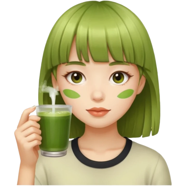 a girl with bangs drinking matcha emoji
