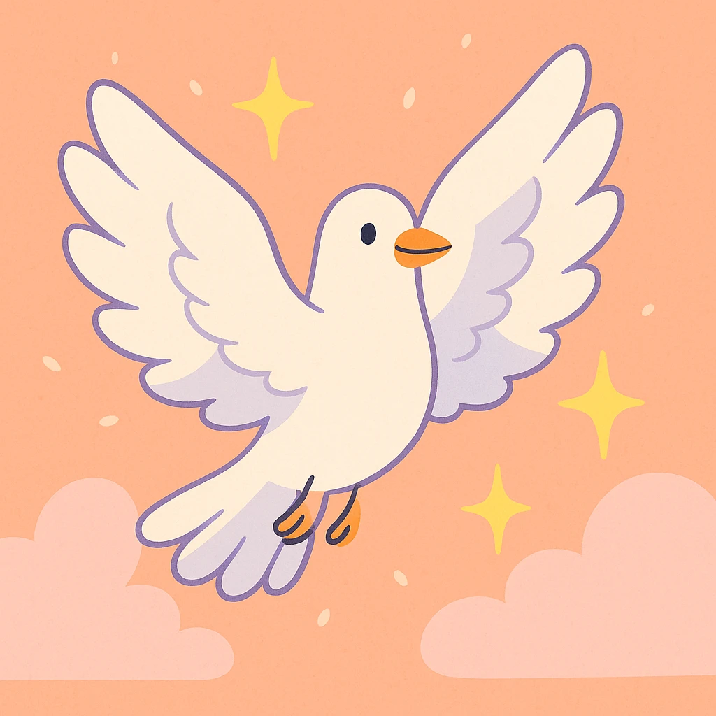 stylized dove soaring with open wings surrounded by sparkles and soft clouds representing a free spirit gentle pastel style emoji