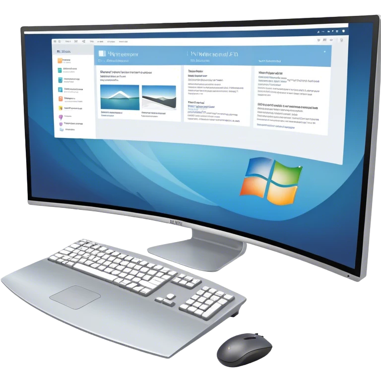 Create an emoji for UX/UI design. Show  large curved monitor displaying windows with UX/UI design HTML program interface. Include a mouse, keyboard, and stylus next to the screens. Use modern, professional colors. Do not include any emojis or smiley faces. Make the background transparent. emoji