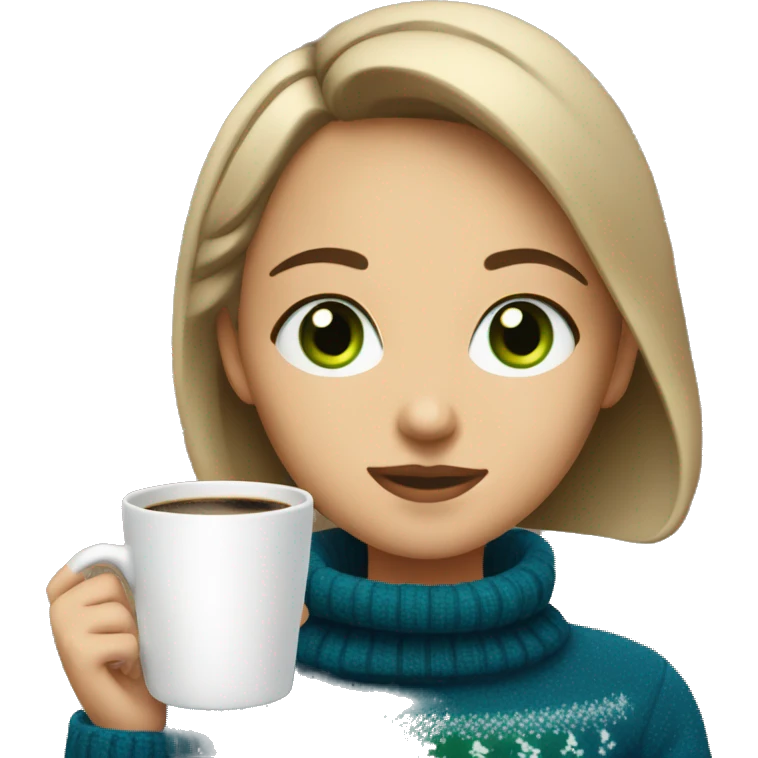 Light brown short haired girl with green eyes drinking coffee wearing blue Christmas sweater emoji