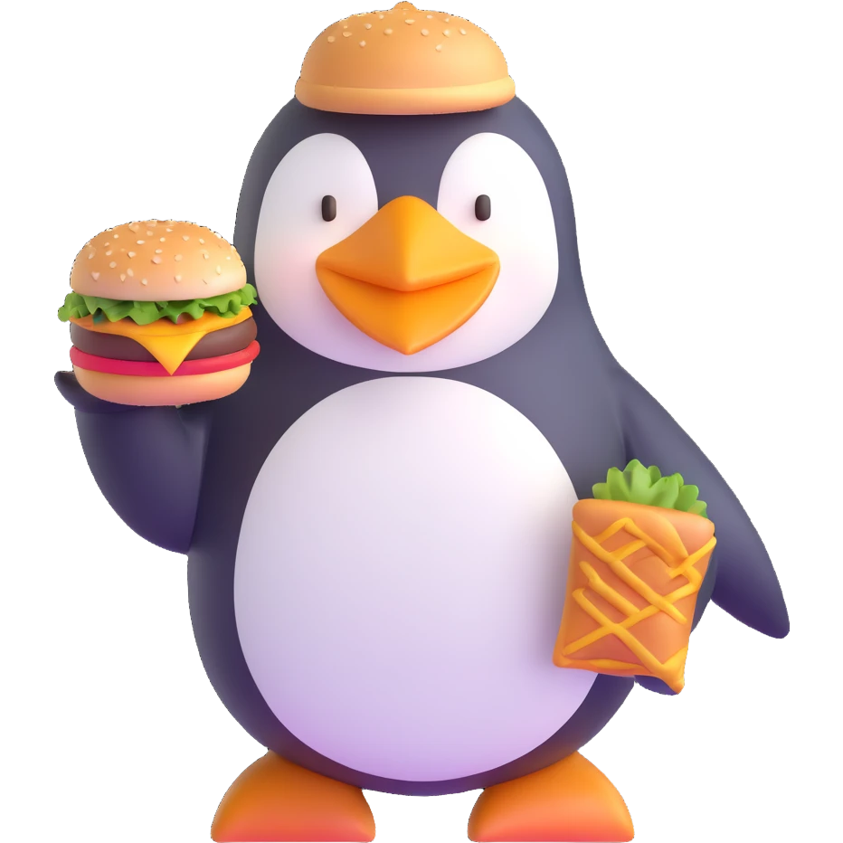 penguin enjoying a hamburger emoji