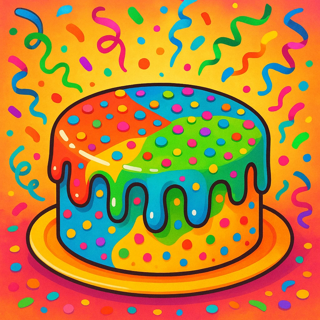 festive cake with colorful glaze and confetti, fun style emoji