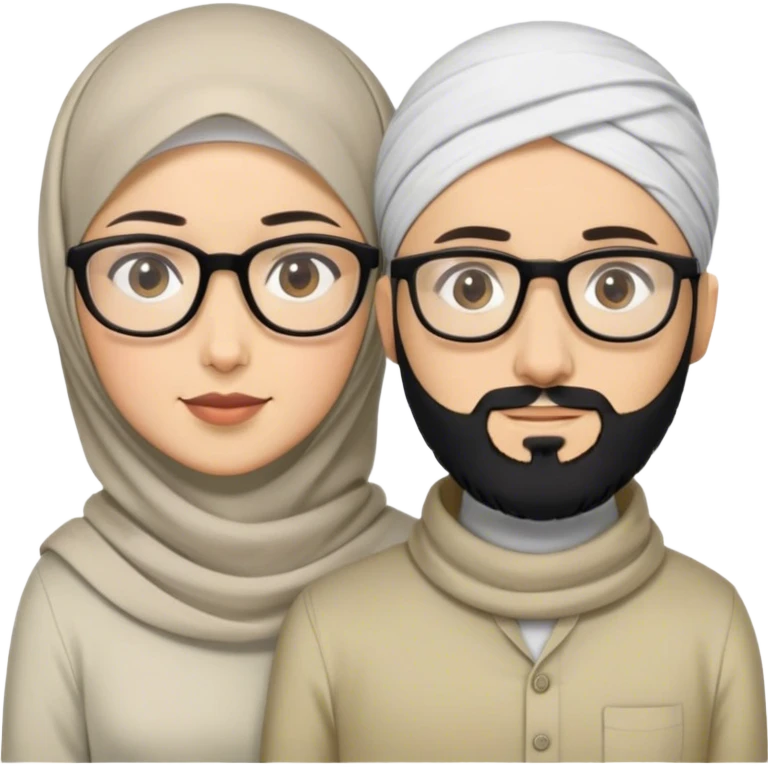 modest male and female couple. male has a medium black beard, short black hair, and glasses. female wear hijab with no hair exposed. both wearing modest clothing. emoji