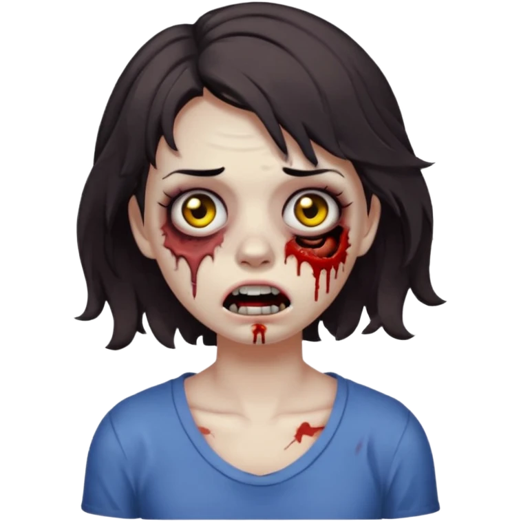 Zombie girl with bruises, she has a dark brown  short wavy hair, she has a tired expression and BLACK eyes, she has dark circles too, her mouth is ripped, make her more emoji-like.  emoji