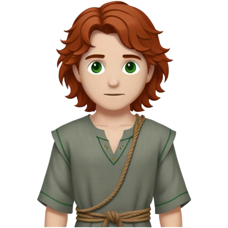 Medieval spring outfit worn by a DnD themed fantasy male character. Heather gray linen tunic with rust-colored thread detailing at the shoulders, tied with a simple rope belt. Clothes only above the waist, full waist coverage. The character has no arms. Character is white-skinned with dark copper hair, forest green eyes, and shoulder-length wavy hair. emoji