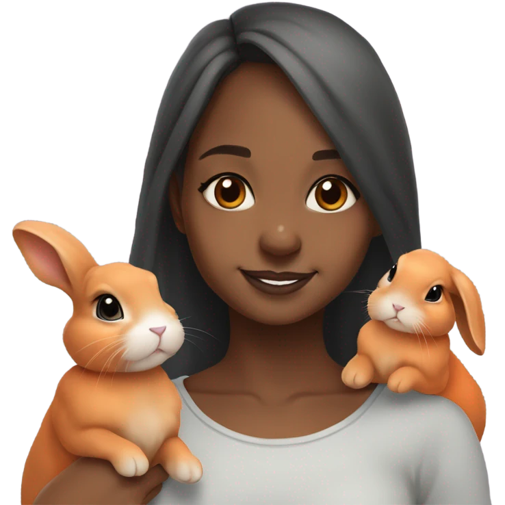 Black Muslim girl and her 3 cute orange, gray, and mix colored holland lop bunnies emoji