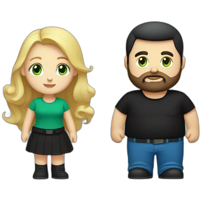 A blond chubby girl. She has blue eyes. A black haired and bearded man with green eyes. The man wears a black t-shirt. The woman is wearing a black skirt and a blue shirt emoji